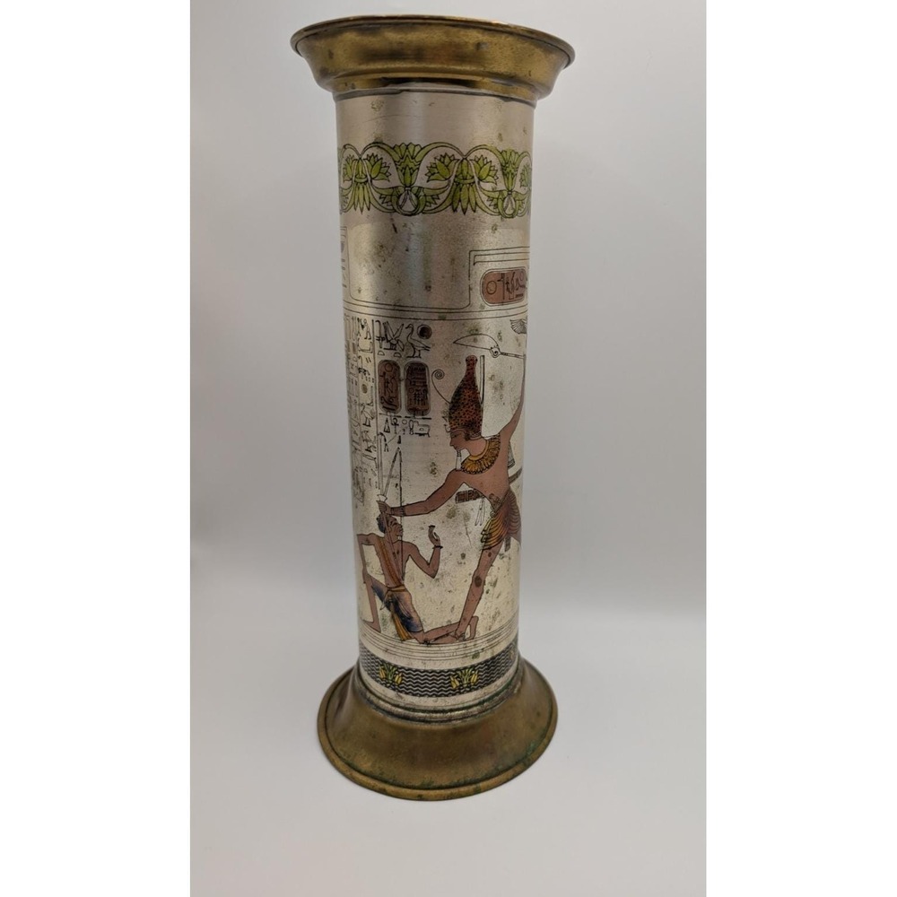 Vintage Egyptian Hieroglyph Metal Vase Brass Trim Decor 10" Silver Tone